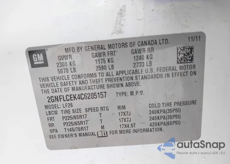 2012 Chevrolet Equinox Ls из США, поврежденный, VIN 2GNFLCEK4C6205157